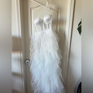 One shoulder , long, white, tule, dress